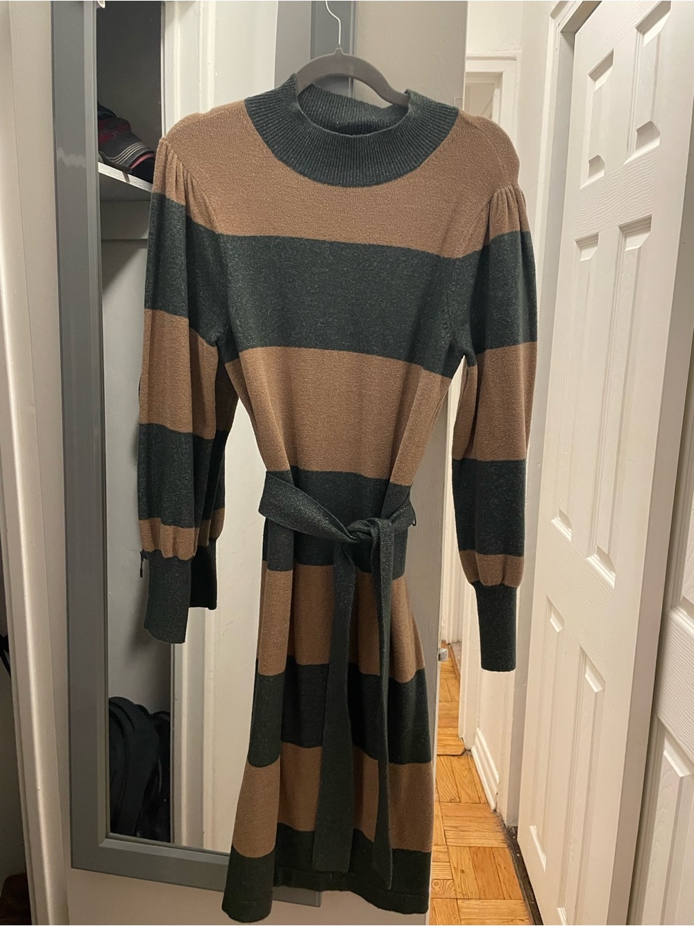 Striped Midi Knit Dress with Self-Tie Belt in Brown and Dark Grey
